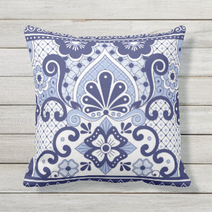Coussin Carrelage d'art populaire mexicain Talavera bleu e