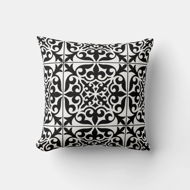 Coussin Carrelage marocain - blanc avec arrière - plan noi (Recto)