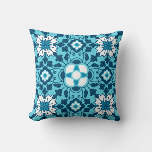 Coussin Carrelage marocain floral, Indigo, bleu ciel et bl
