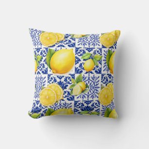 Coussin Carrelage Motif Citron Bleu Blanc Méditerranéen