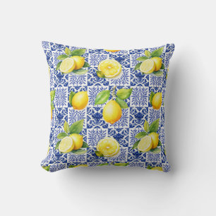 Coussin Carrelage Motif Citron Bleu Blanc Méditerranéen