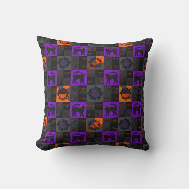Coussin Carrés de chat noir Halloween (Recto)