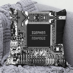 Coussin Carte à circuits imprimés noir blanc Geek Electron