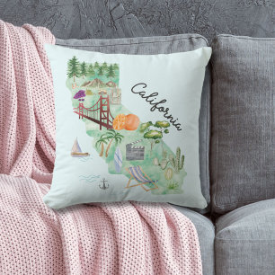 Coussin Carte artistique de l'État de Californie à l'aquar