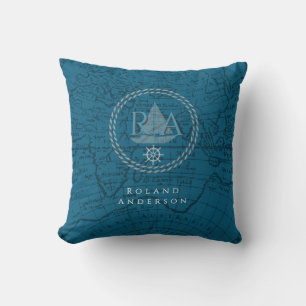 Coussin Carte de monogramme de corde nautique bleue