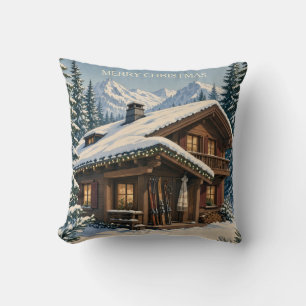 Coussin Carte de vœux de Noël Chalet Alpin Cosy Hiver enne
