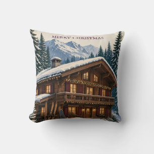Coussin Carte de vœux de Noël Chalet alpin hivernal enneig