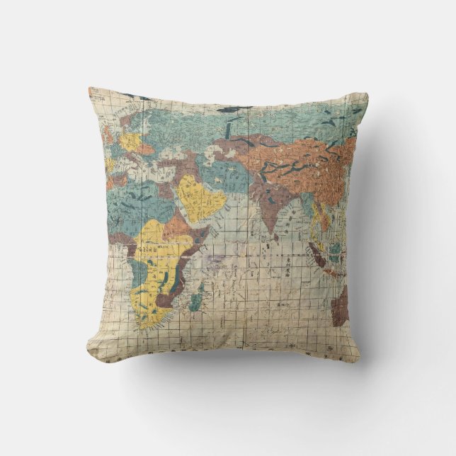 Coussin Carte du monde de 1853 Japonais par Suido Nakajima (Recto)
