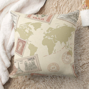 Coussin Carte du monde de timbres-poste vintage Voyage (1)