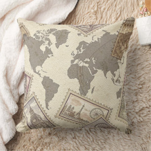 Coussin Carte du monde de timbres-poste vintage Voyage (2)