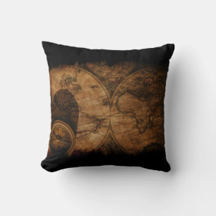 Coussin Carte et boussole rustiques de l'ancien monde