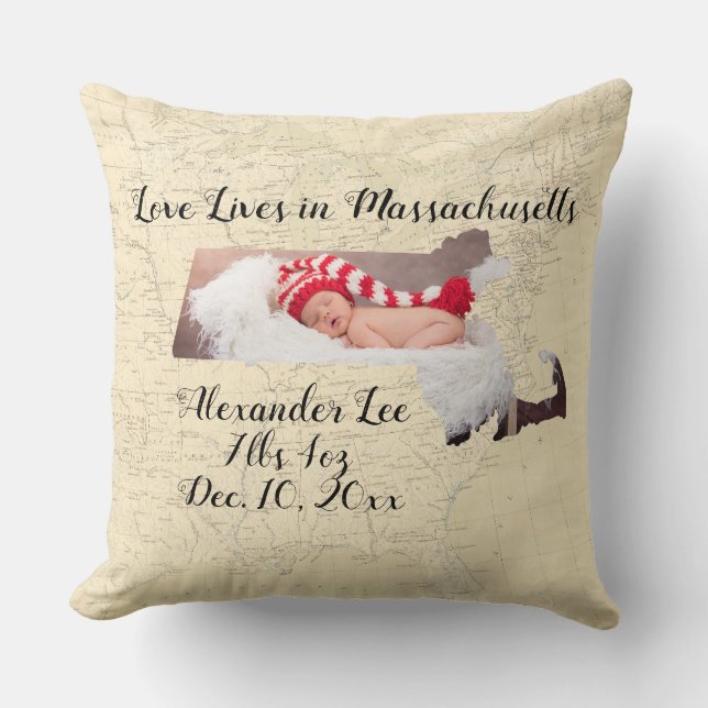 Coussin Carte L'Amour Vit Dans Le Massachusetts Photo En F (Recto)