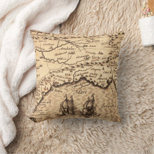 Coussin Carte Vintage de la Côte Espagnole avec Galions de