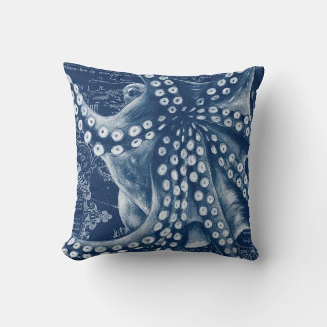 Coussin Carte Vintage de poulpe bleue Chic (Recto)