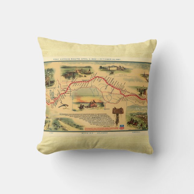 Coussin Carte vintage du Pony Express (Recto)