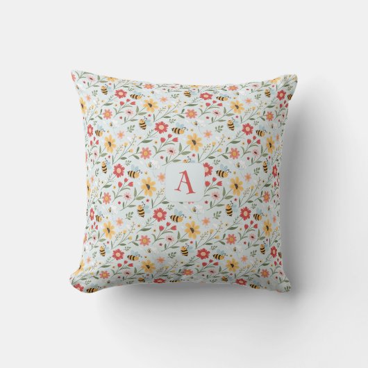 Coussin Cartoon bee flower yellow red pattern monogram (Recto)