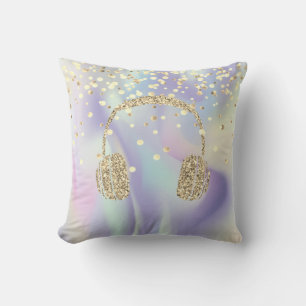 Coussin Casque audio paillettes dorées, étoiles points hol