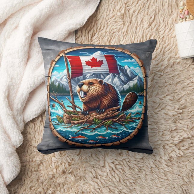 Coussin Castor canadien avec drapeau dans le paysage monta (Couverture)