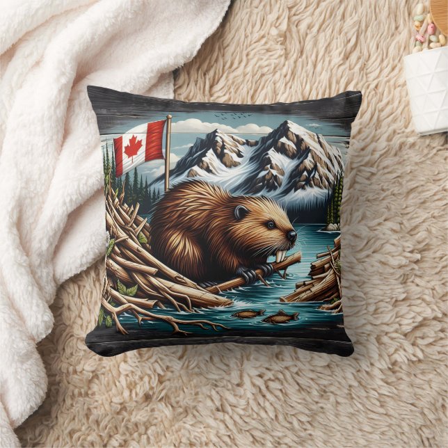 Coussin Castor canadien avec drapeau de Mountain River (Couverture)