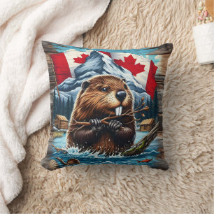 Coussin Castor canadien avec océan bleu
