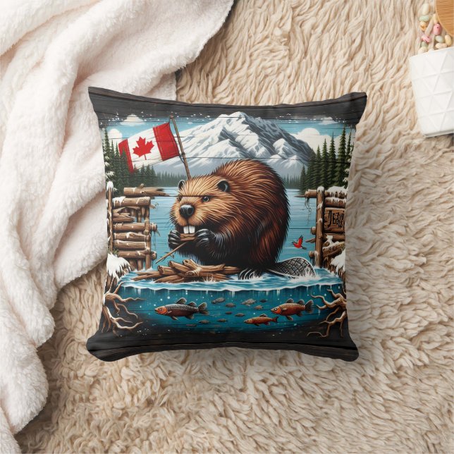 Coussin Castor canadien, drapeau, montagne, océan (Couverture)
