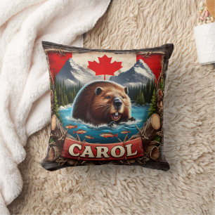 Coussin Castor canadien, drapeau, vue sur la montagne