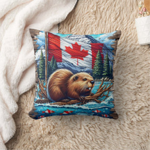Coussin Castor canadien sur le lac avec drapeau canadien