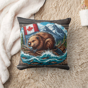 Coussin Castor sur le radeau avec drapeau dans la rivière
