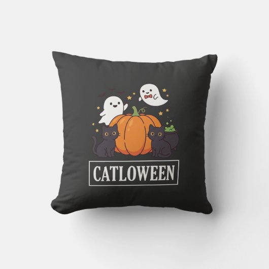 Coussin Catloween Drôle Chat Halloween Fantôme Citrouille (Recto)