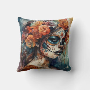 Coussin Catrina aquarelle Dia de los Muertos Crâne de Sucr