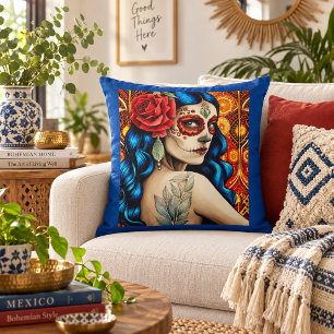 Coussin Catrina femme à la chevelure bleue Art folklorique