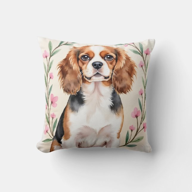 Coussin Cavalier King Charles Spaniel Aquarelle Florale  (Recto)