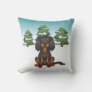 Coussin Cavalier King Charles Spaniel noir et feu en hiver