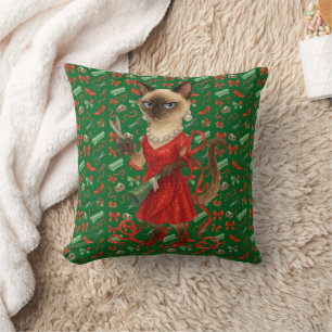 Coussin Célébration de Noël avec un chat siamois