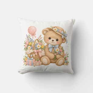 Coussin Célébration de nounours vintage avec des fleurs sa