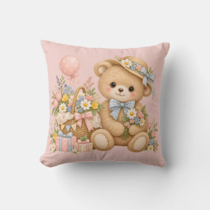 Coussin Célébration de nounours vintage avec des fleurs sa