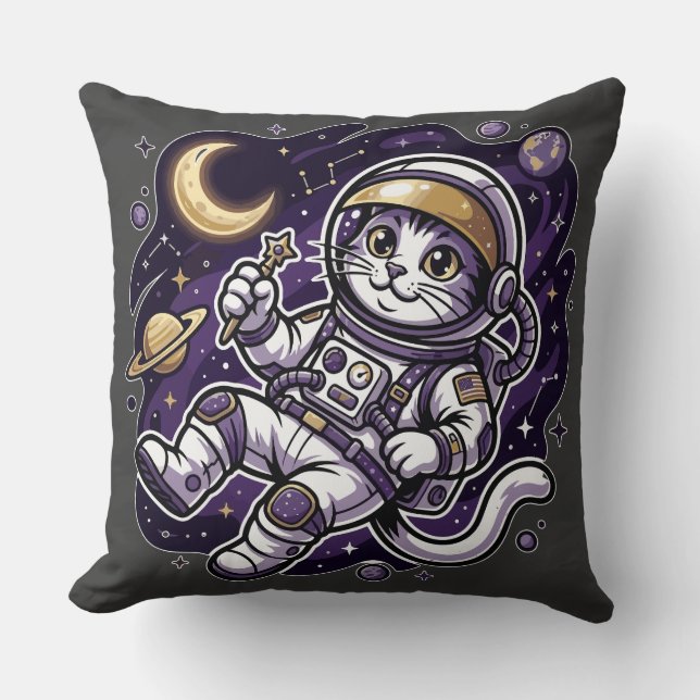 Coussin Celestial Voyager: Purple Astronaut Cat Space Masc (Recto)