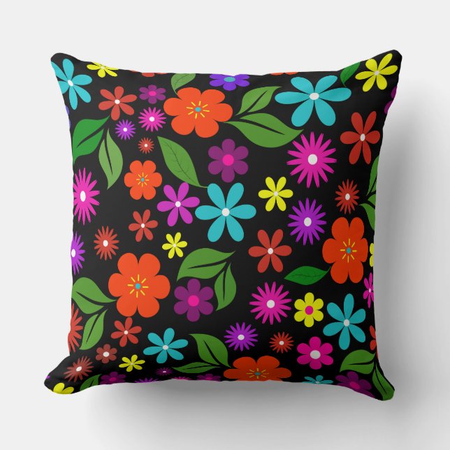 Coussin centre siècle moderne rétro vibrant floral noir (Recto)