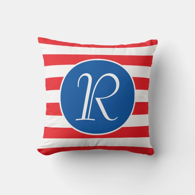 Coussin Cercle bleu monogramme | Bande rouge et blanche (Recto)