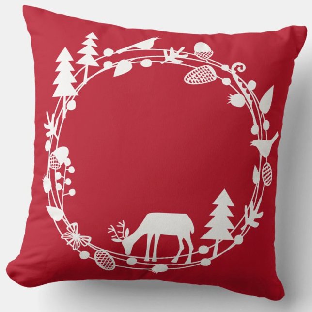 Coussin Cercle de la forêt de cerfs Vacances d'hiver (Red and white deer in woodland pillow)