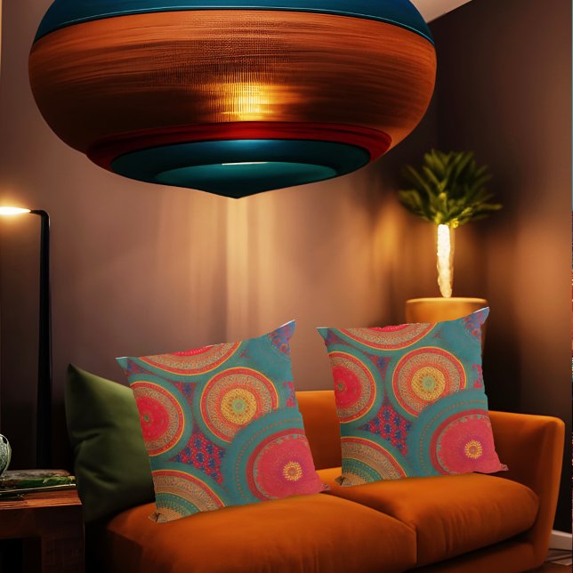 Coussin Cercle exotique marocain rouge orange bleu vert  (Créateur téléchargé)