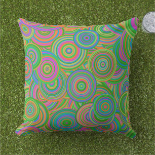 Coussin Cercles abstraits mode rétro, vert et orange-rouge