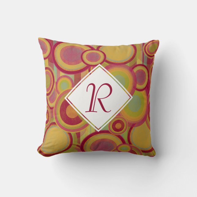 Coussin Cercles & Rayures, Monogramme Rouge, Jaune & Vert (Recto)