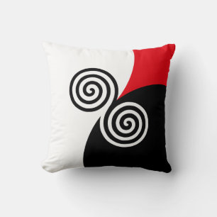 Coussin Cercles spiraux Abstraits sur le rouge noir et bla
