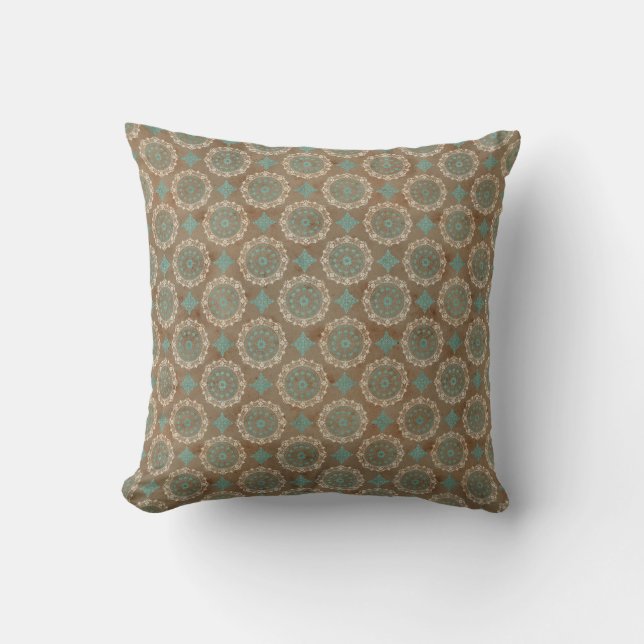 Coussin Cercles turquoises et crème sur Brown (Recto)