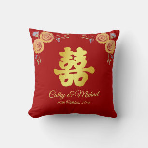 Coussin Cérémonie du thé mariage chinois à fleurs rouges