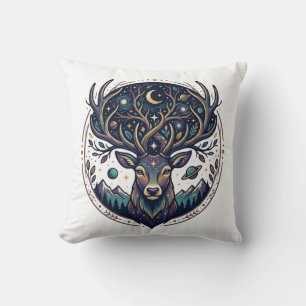 Coussin Cerf Céleste Lune et Étoile Mystique Art Cerf