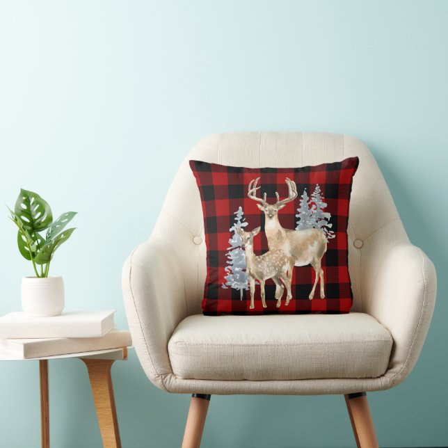 Coussin Cerf D'Aquarelle Sur Buffalo Plaid (Chaise)