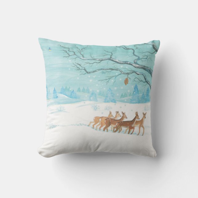 Coussin Cerf de chevreuil dans le bois d'hiver couvert de  (Recto)