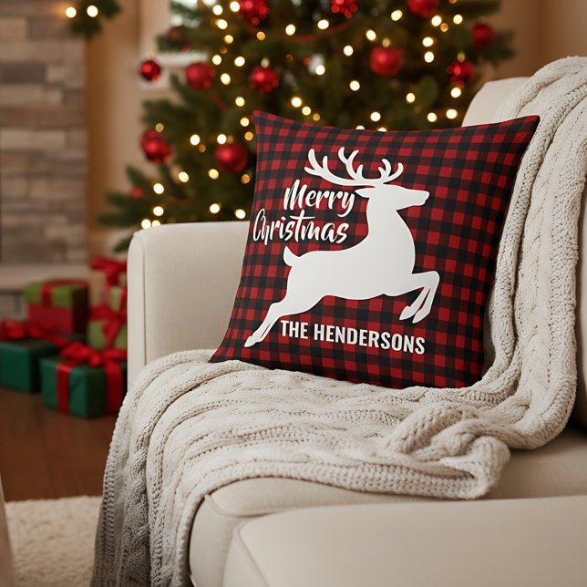Coussin Cerf de Joyeux Noël à carreaux rouges et noirs Nom (Créateur téléchargé)
